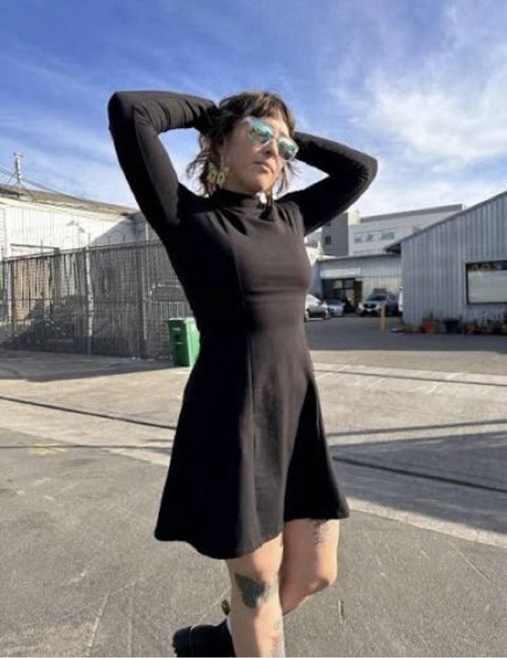 Nooworks Tonya Mock Neck Long Sleeve Mini Skater Dress Black USA Size XL New M13